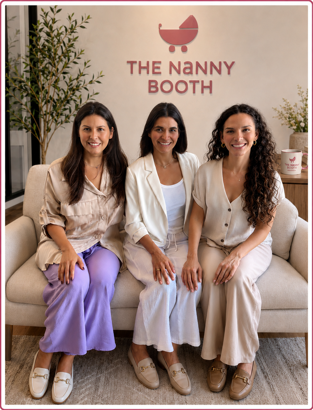 Nanny Booth Staff 2 - The Nanny Booth Three women sit on a beige sofa in a reception area, smiling, with a wall sign that reads THE NANNY BOOTH and a red stroller logo behind them.